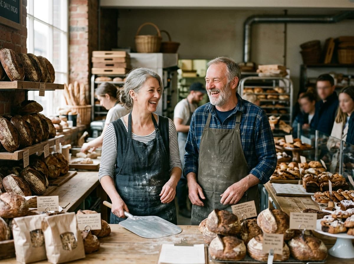 Two bakery owners laughing together behind their counter