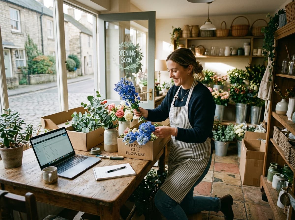 A florist unpacking flowers while setting up her new shop