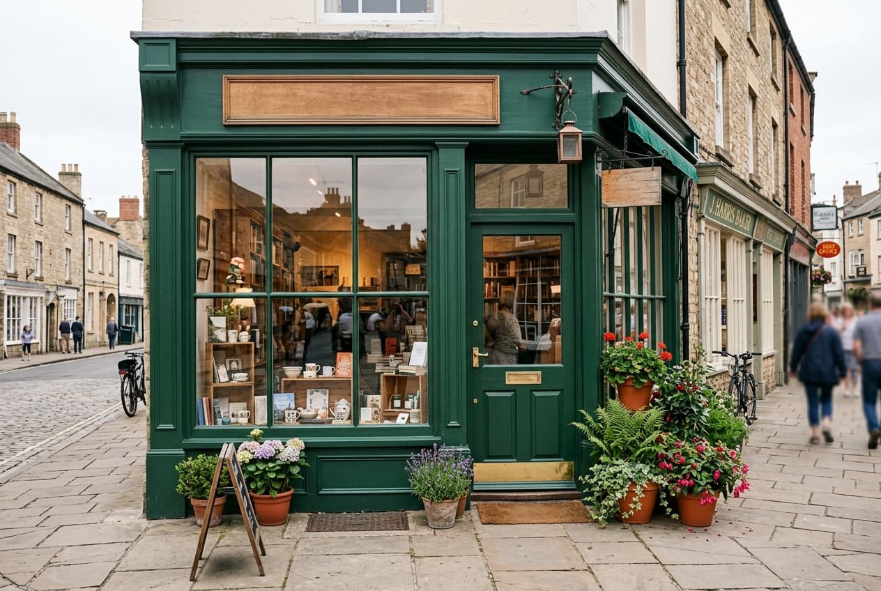 A green painted independent shopfront on a British high street